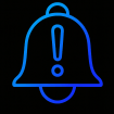 inimal outline style icon of a bell with a warning exclamation mark inside.Blue to purple gradient stroke, solid black background, centered, --ar 1:1 --style raw