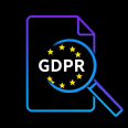 A gradient line icon of a document with the GDPR flag being inspected by a magnifying glass, minimal outline style, blue to purple gradient stroke, solid black background, centered, --ar 1:1 --style raw