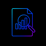 minimal outline style icon of a document with a bar chart on it, a magnifying glass over it highlighting a specific data column. 